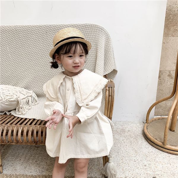 

autumn girls fashion big lacework turn-down collar dress 2019 cotton korean style solid color casual dresses t200104, Red;yellow