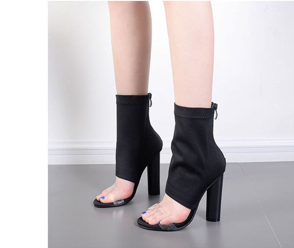 

autumn winter new fashion stretch boots clear crystal high heels half boots stretch fabric short boots, Black