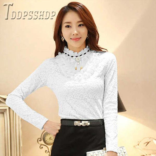 

2019 lining with fluff lace women blouse korean warm slim female bottoming blouses, White