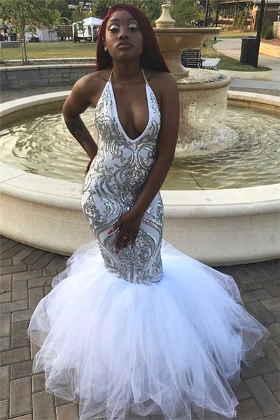 

african black girls mermaid prom dresses silver plus size evening gown halter open back formal party dress bc4127