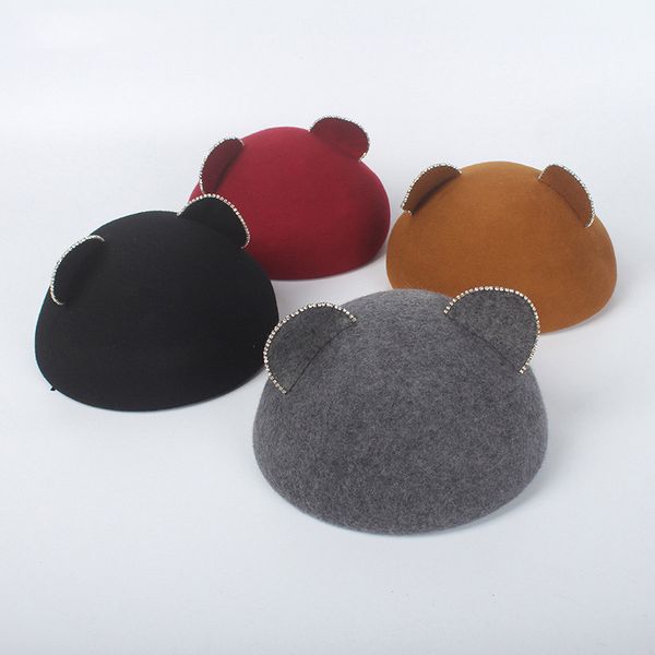 

autumn winter wool berets hats for women cute diamond cat ears caps, Blue;gray