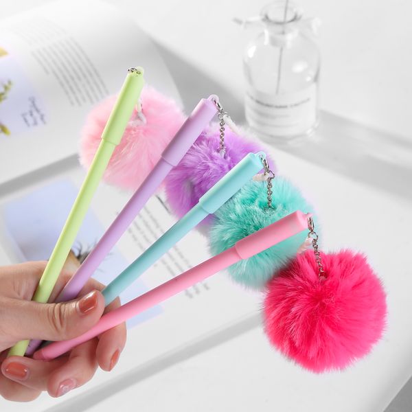 

4pcs korean cute fluffy plush ball pendant gel pen kawaii novelty kids stationery store school stationary goods desk accessory