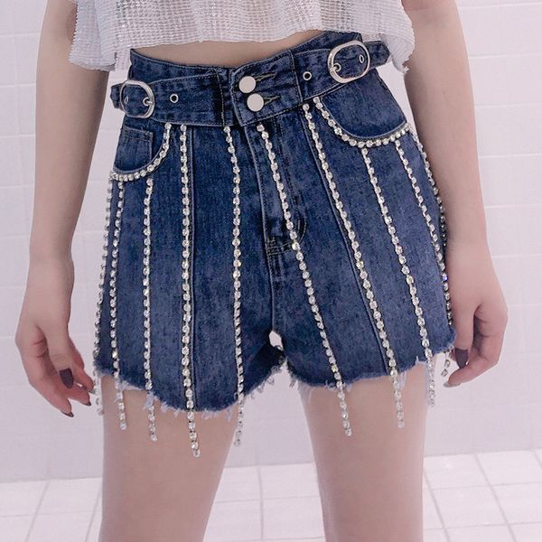 

2019 spring and summer new rhinestone chain decoration denim shorts women's double buckle high waist casual pants wild street, Blue