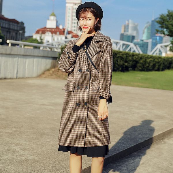 

осень бленды шинель женщины куртки корейской вскользь плед двубортный пальто женский кутюр верхняя одежда, Black