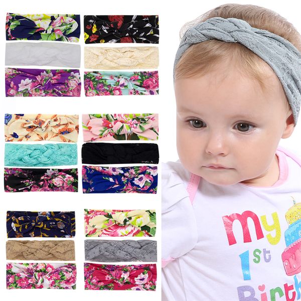 

baby girl headbands set turbon knot bow head bands kids hair accessories braid lace bunny band cotton floral print headwear 3pcs/set wkha17, Slivery;white