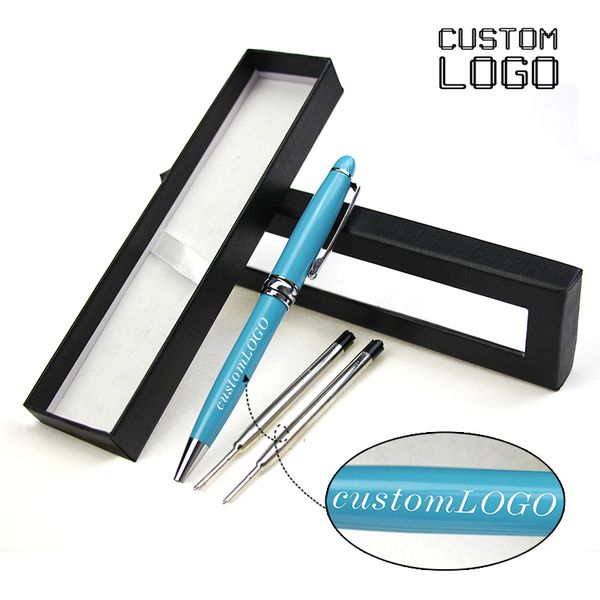 

1set metal custom logo pens business rotary ballpoint pens multicolor student stationery office pen with pen box black refills, Blue;orange