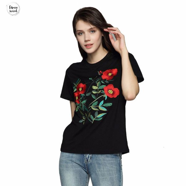 

футболка dt1179 сладкие цветочные вышивки o шеи с коротким рукавом черный тис дамы лето повседневная марка tops модальные camisetas женщины, White