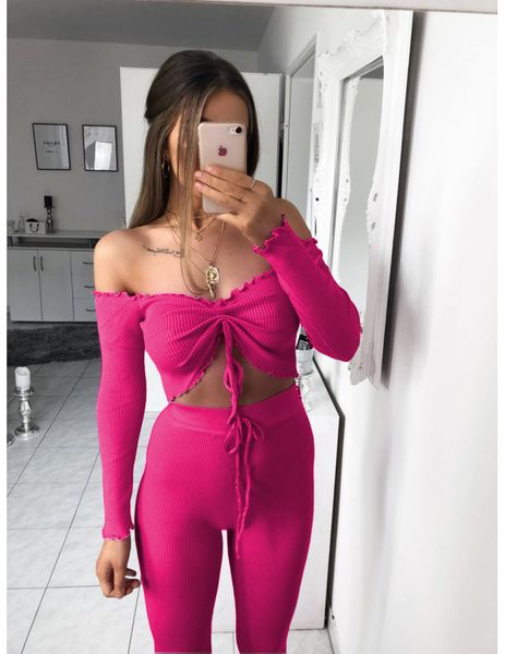 

2019 conjuntos de mujer shein one shoulder chandal mujer 2 piezas conjunto tracksuit women long sleeve 2 piece set women, White