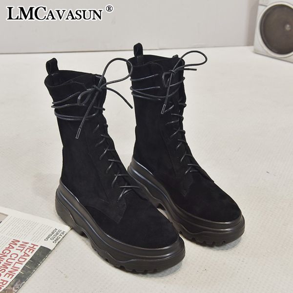 

lmcavasun ankle boots for women autumn motorcycle boots thick heel platform shoes woman slip on round toe fashion, Black
