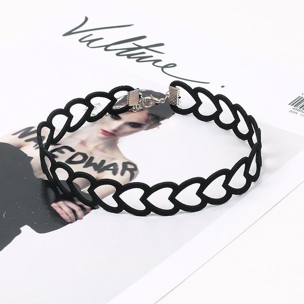 

europe and america retro black cut-out lace necklace heart clavicle choker suede necklace neck ring, Silver