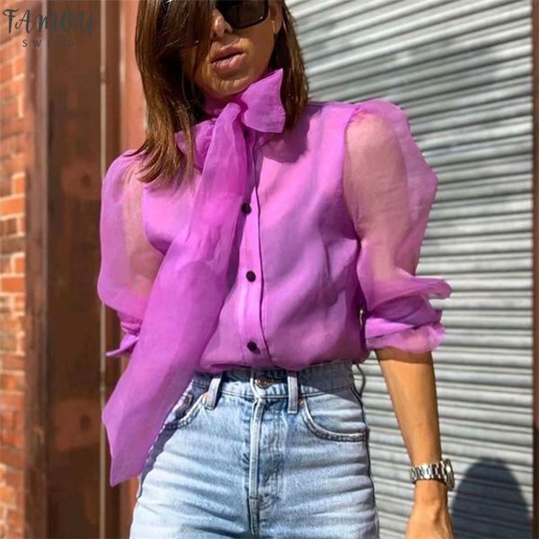 

stylish office lady organza blouses women bow tie collar long sleeve see through shirts chic, White