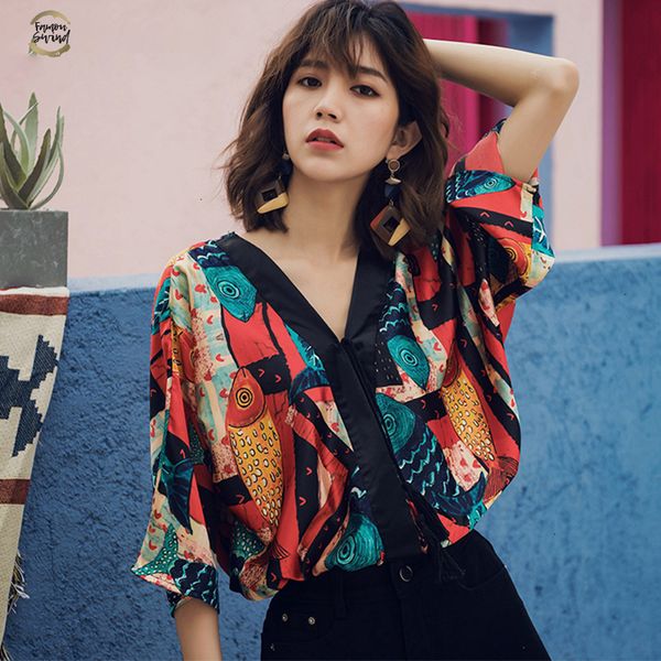 

bohemian ethnic style womens crop and blouse v neck vintage print summer loose satin blouse holiday wear, White