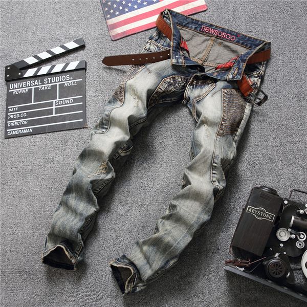 

2019 men's vintage blue cargo biker jeans for motorcycle slim holes ripped distressed button denim pants vaqueros hombre