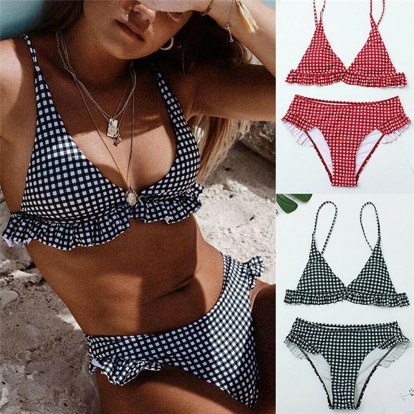 

designer swimwear designer bikini plaid bikini 2019 red green plaid bathing suits swimwear ruffles triangle swimming plaid suits, White;black