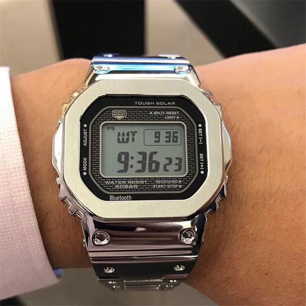 

japan g leisure waterproof sports watch stainless steel silver gold digital led wristwatches autolight leisure sports clock watches, Slivery;brown