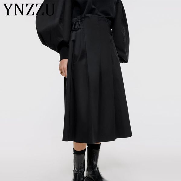 

ynzzu solid fold poplin skirts women new fashion high waist skirts belt elegant zipper faldas long ladies pleated ab250, Black