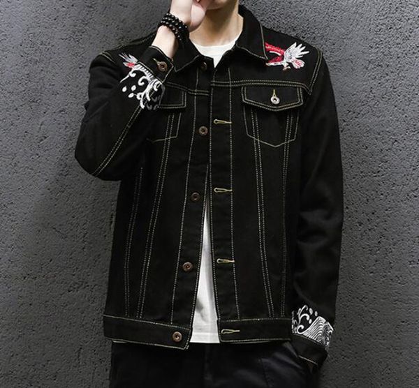 

мужская корейская версия бутик специальная личность мода повседневная печать тонкий красивый вышивка тенденция джинсовая куртка весна осень, Black;brown