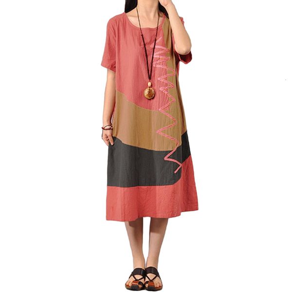 

womens clothing woman dresses 4xl 5xl plus size cotton vintage contrast o neck short sleeve splice mid calf spandex loose dress, Black;gray