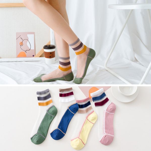 

socks & hosiery spring summer colored striped pink for women japanese korean style glass silk kawaii women's mujer 42902, Black;white
