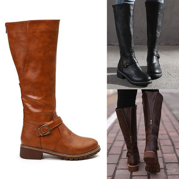

women's leather boots round toe boots-women zipper booties woman 2019 low heel female shoes thigh high heels high sexy, Black