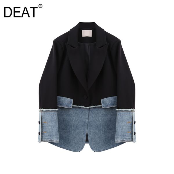 

women's suits & blazers [deat] women denim spliced hit color split blazer lapel long sleeve loose fit jacket fashion tide spring autumn, White;black