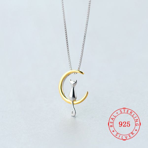 

cute 925 sterling silver animal jewelry moon cat necklace for lady lovely gold cat pendant necklaces jewelry wholesale