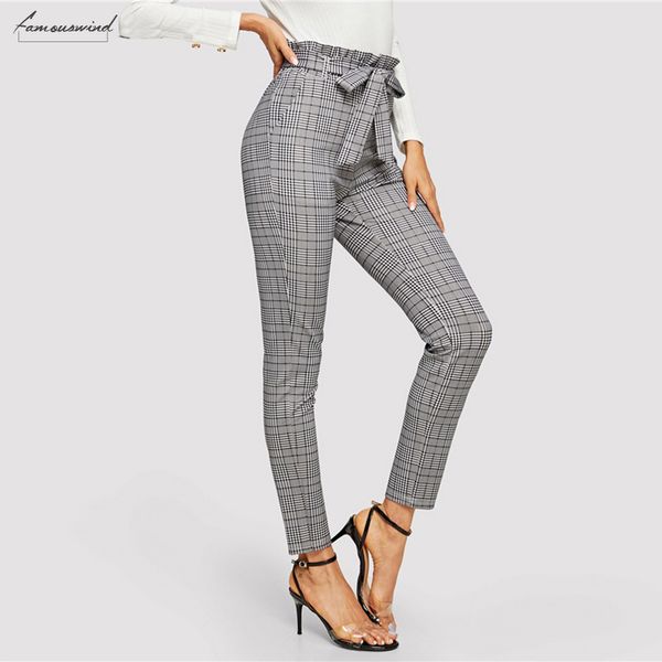 

серый талии клетчатые штаны сигарета belted высокой талией карандаш брюки женщины весной повседневный брюки офис lady workwear paperbag, Black;white
