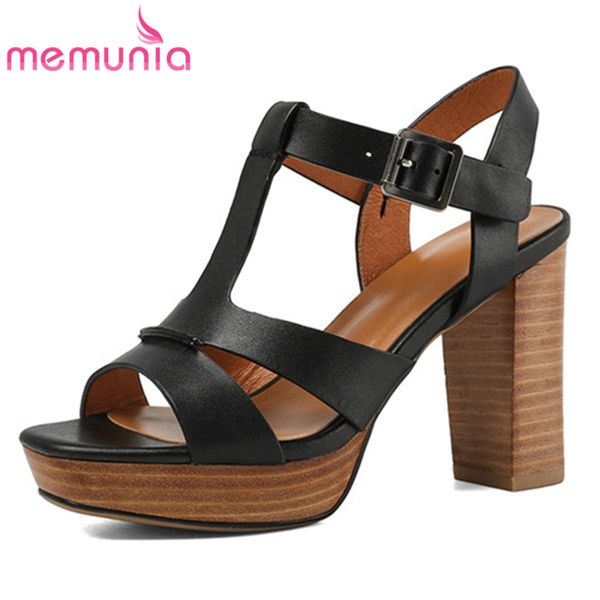 

memunia 2020 full genuine leather shoes women sandals solid colors buckle vintage high heel platform sandals woman, Black