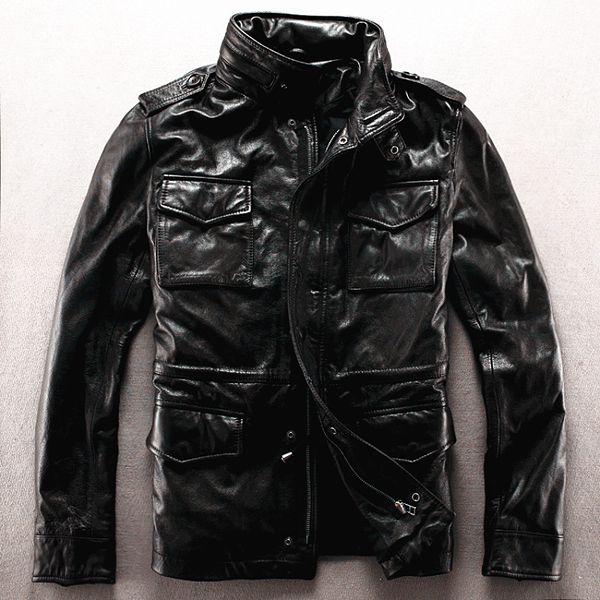 

army overcoat genuine leather clothing m65 outerwear cow leather jacket male plus size plus big size rider jacket, Black