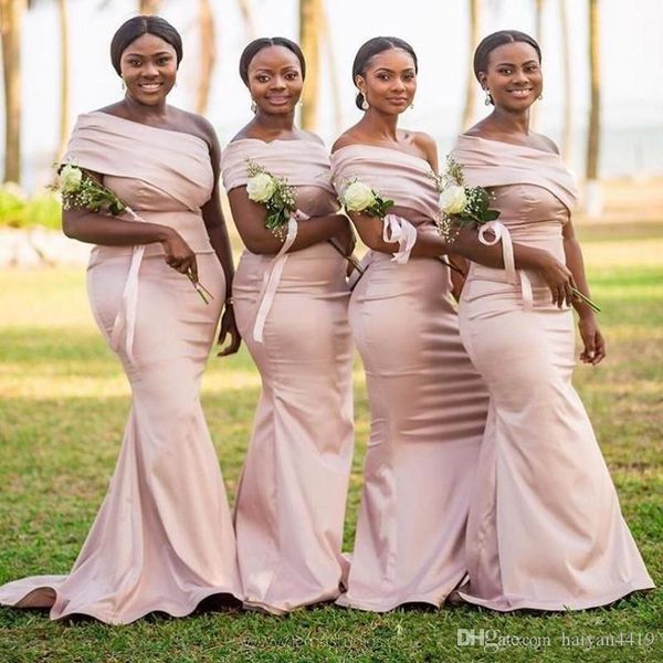 

new simple pink mermaid bridesmaid dresses elastic satin one shoulder ruffles floor length maid of honor wedding guest gowns custom, White;pink