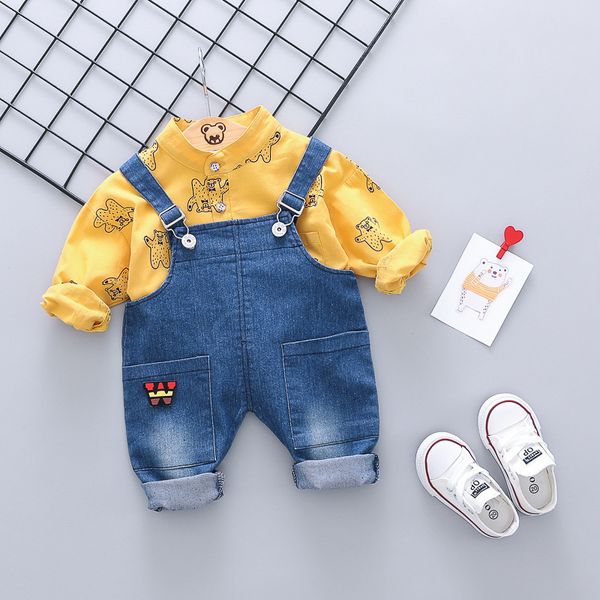 

boys girls spring autumn clothing sets kids cotton fashion long sleeve shirt+denim bib pants 2pcs children outfits suits, White