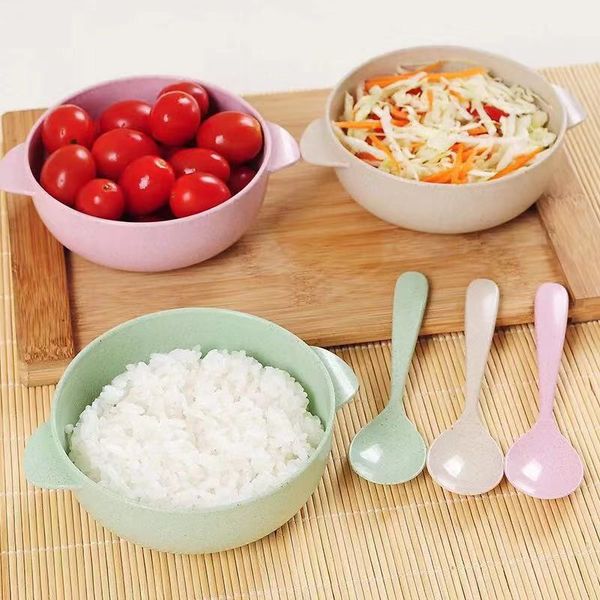 

wheat straw bowl with spoon sets children kids feeding bowl food containers wholesale dinnerware sets