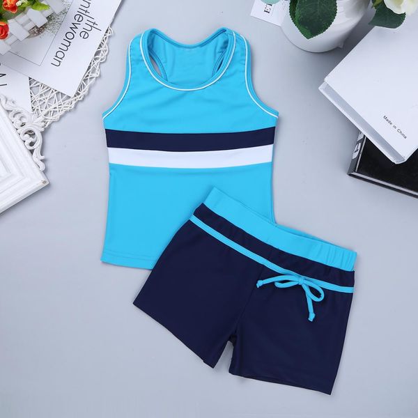 

2019 2pcs summer girls with bottoms swimsuit boyshort tankini swimwear girl kids teens sport vest bikini set bathing suit