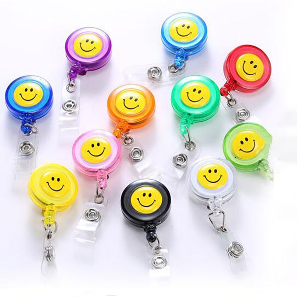 

fashion retractable reel lanyard smiling face card badge holder school office supplies metal clip easy to use dhl 489