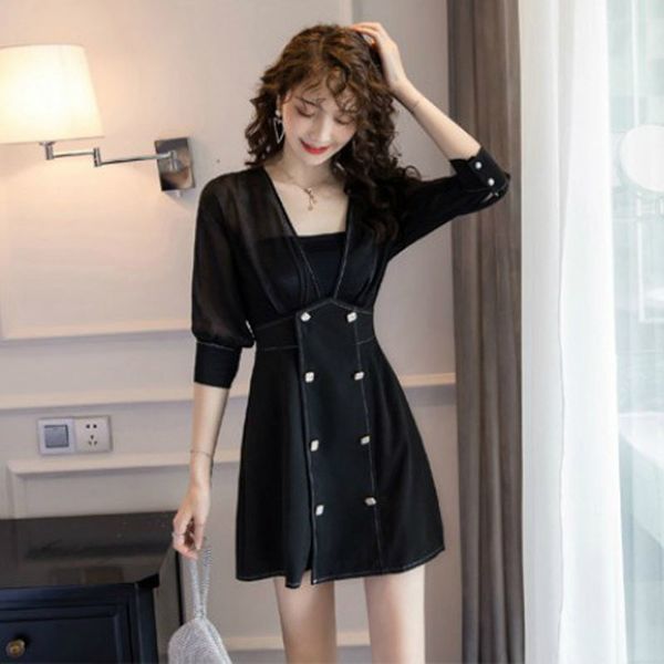 

casual dresses plus size elegant woman dress black three quarter a line mini ladies sheer double breasted corset women, Black;gray