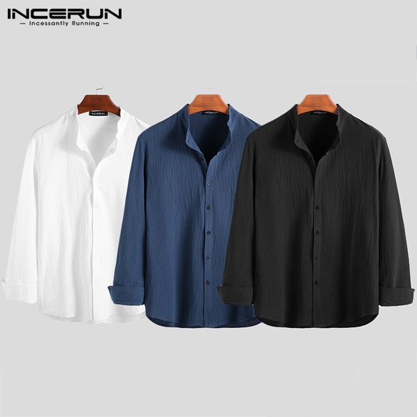 

incerun men chinese style stand collar long sleeve shirts vintage solid color button down blouse casual camisa masculina 7, White;black