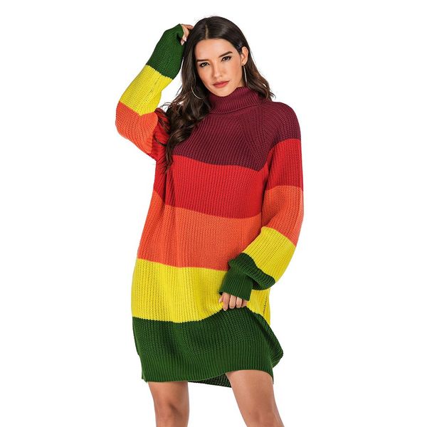 

women autumn winter sweater dress casual long sleeve multicolor stripe turtleneck knitted pullovers sweater winter dress, White;black