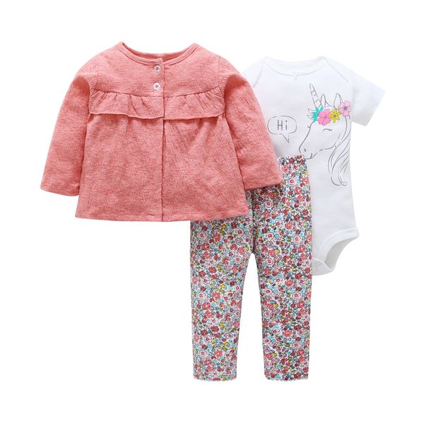 Conjunto de Roupas de Bebê recém-nascido Menina de Algodão de Manga Longa Casaco Tops + macacão Unicórnio + calça Floral 3 Peça Roupas Infantis Roupas de Bebê Conjunto Y19061303