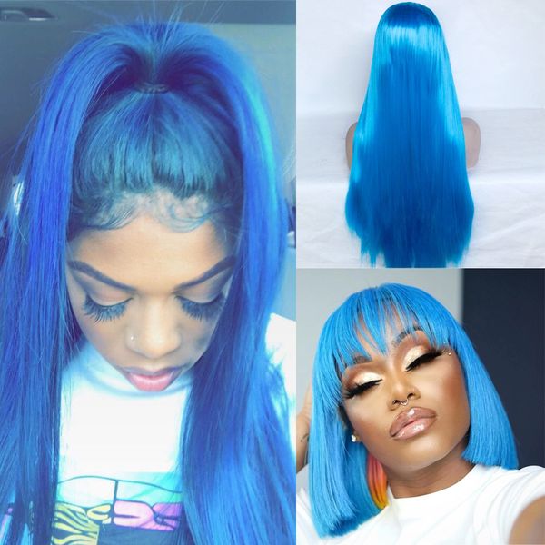 

synthetic lace front wig long bright blue straight heat resistant fiber synthetic hair natural hairline parting for black/white women
