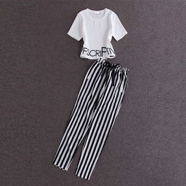 

women fashion letter printed crop pullovers t shirts and striped harem tie pants summer casual outfits set female, White