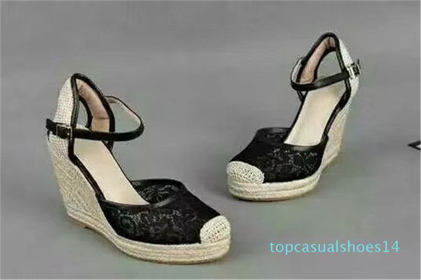 

pop2020 women baotou wedge heel lace sandals brand designer pastoral hemp rope weaving sandals ankle-strap fishman single shoes t14, Black