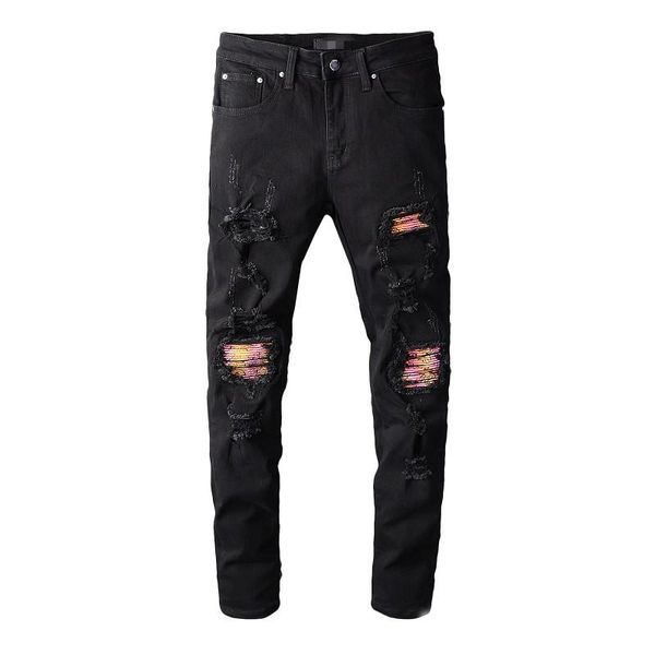 

designer mens jeans distressed ripped biker slim fit motorcycle biker denim for men hip hop pink patches black skinny jeans, Blue