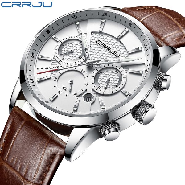 

crrju new fashion men watches analog quartz wristwatches 30m waterproof chronograph sport date leather band watches montre homme, Slivery;brown