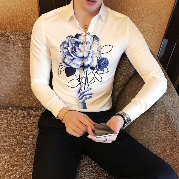 

High Quality Men Shirt Korean Slim Fit Digital Print Casual Men 'S Social Shirts Long Sleeve Plus Size Night Club Party Shirt Men