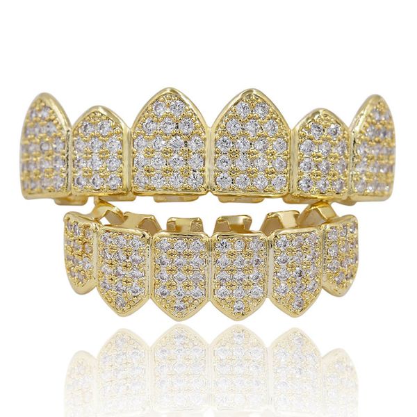 

luxury bling zircon teeth braces street fashion rappers men women 18k gold rhodiium plated copper hip hop grillz 2-piece set vampire teeth, Black