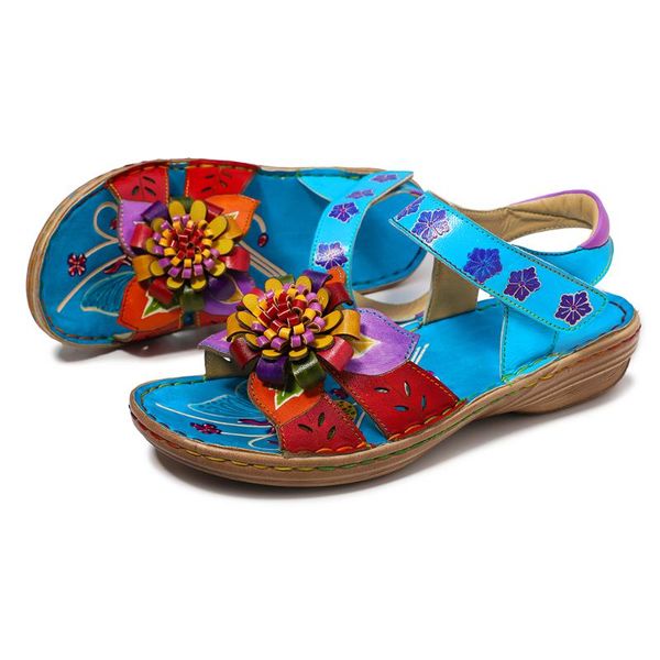 

iliyah bohemian casual shoes soft genuine leather floral flat sandals adjustable hook loop cool beach sandals 2020 new summer, Black