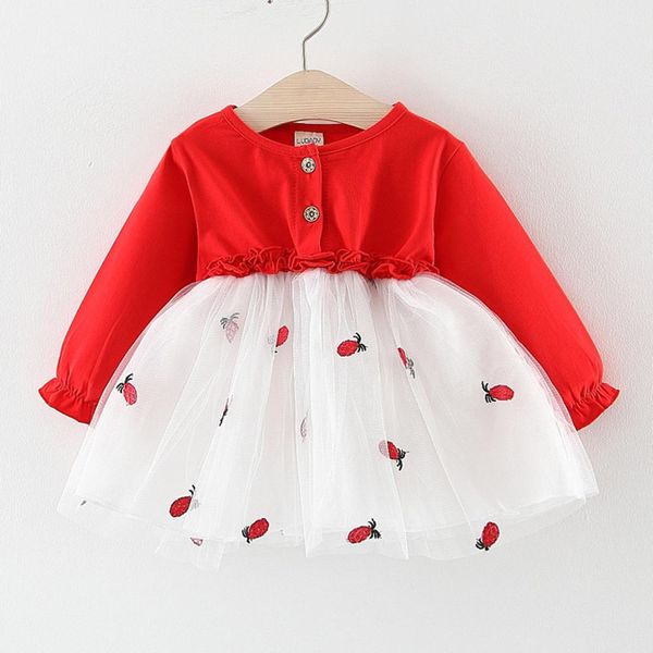 

toddler kids baby girls long sleeve tulle patchwork embroideried tutu princess party dress, Red;yellow