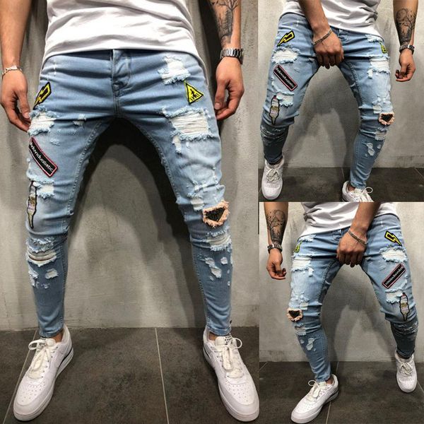 

summer holes have badges embroidered labeling youth fashion trend jeans new fashion hip hop jeans men's pants, Blue