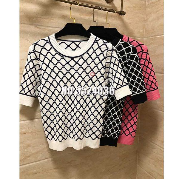 

luxury designer embroidery knitted round neck short sleeve stripe shirt 2020 spring summer, White;black