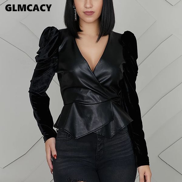 

women long puff sleeve pu leather patchwork peplum v neck classy back zipper jacket autumn coat, Black;brown